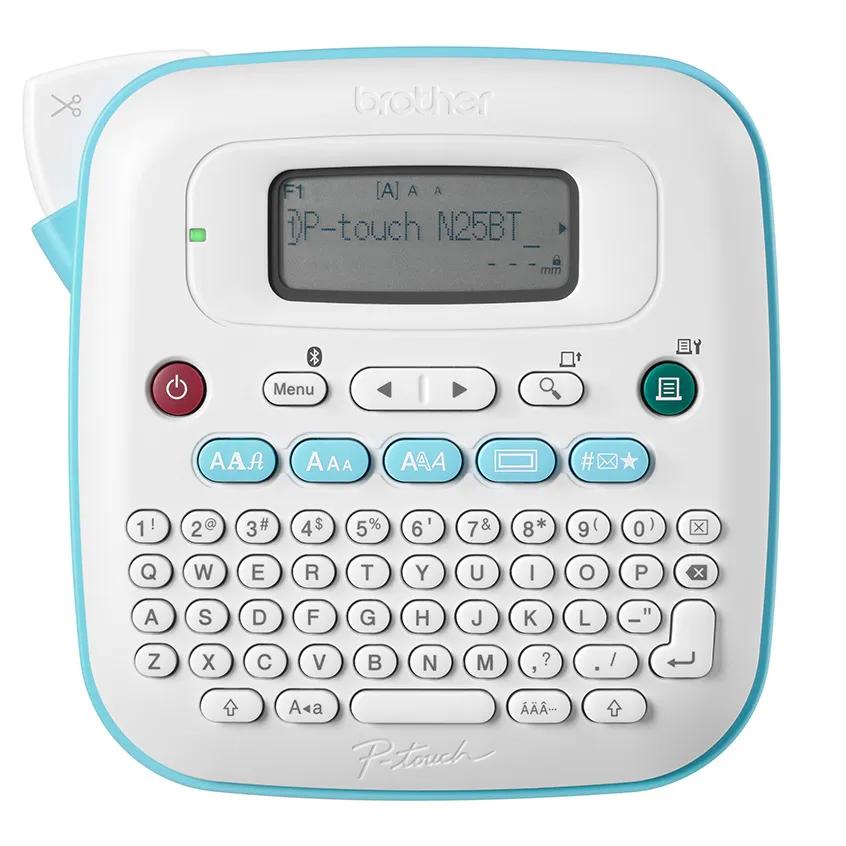 Brother P-touch PT-N25BT white-and-blue label maker with QWERTY keyboard, display and Bluetooth indicator