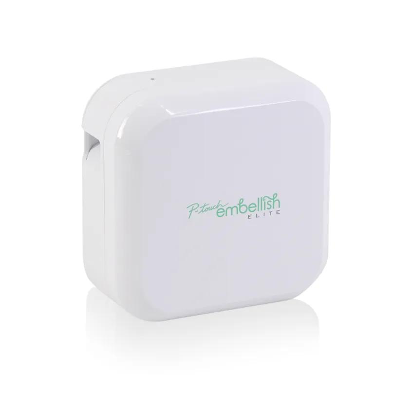Brother P-touch Embellish ELITE PT-P715eBT white square ribbon-and-label printer, front three-quarter catalog view