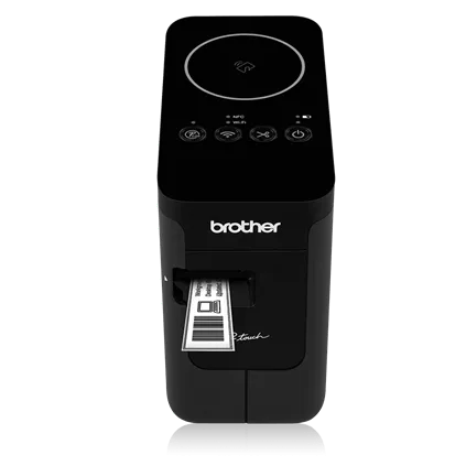 Brother P-touch PT-P750W black compact label printer with top wireless controls, NFC mark and front label exit