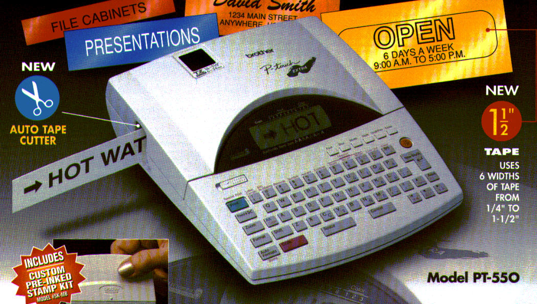 Brother P-touch PT-550 electronic labeling system with QWERTY keyboard, shown in a crop of Brother’s product brochure