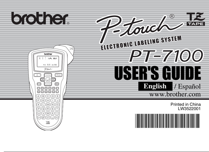 Brother P-touch PT-7100 handheld label maker, shown in line artwork on the cover of Brother’s English/Spanish User’s Guide.