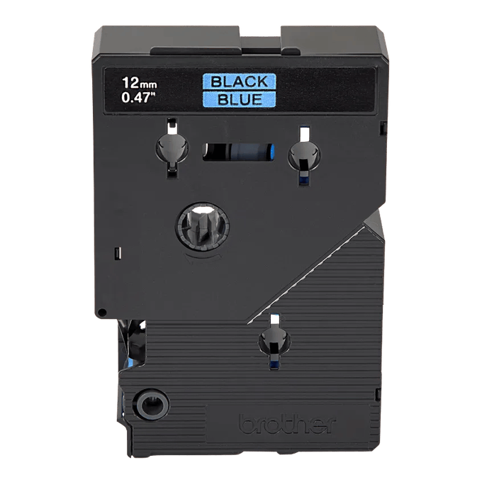 Brother TC6001 12 mm black-on-blue tape reference; PT-12N label maker not pictured