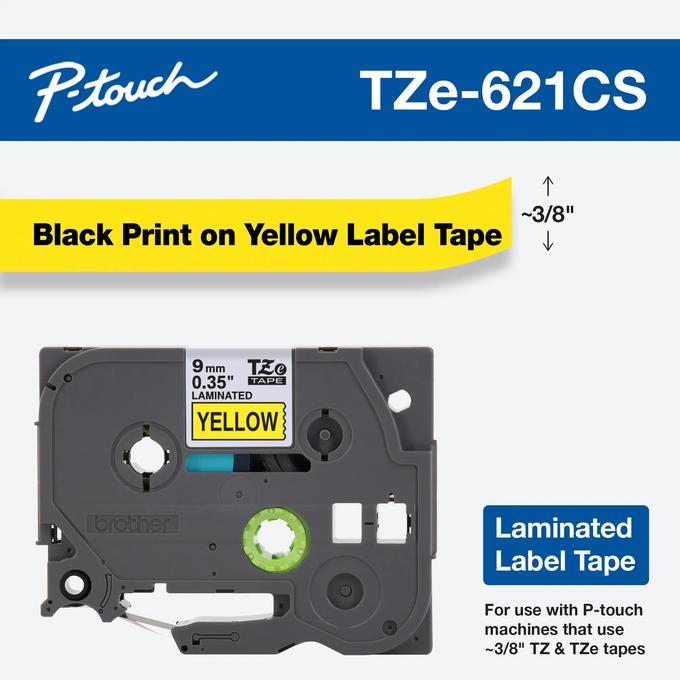 Brother TZe-621CS 9 mm black-on-yellow tape reference; PT-320 label maker not pictured