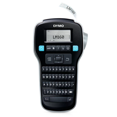 DYMO LabelManager 160 handheld label maker with QWERTY keys and an LM160 sample label on the display