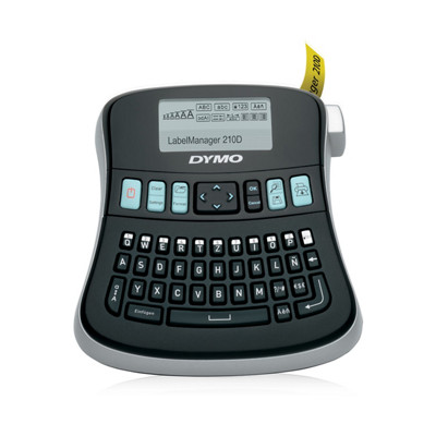 DYMO LabelManager 210D label maker shown from the front with QWERTY keys and a yellow sample tape