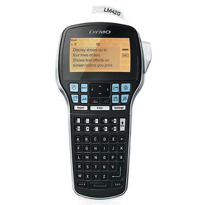 DYMO LabelManager 420P handheld label maker with a four-line display, alphabetical keyboard and cutter button