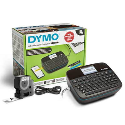 DYMO LabelManager Executive 640 CB Box QWY keyboard label maker shown with one cassette and USB-C cable in its exact manufacturer-page package image