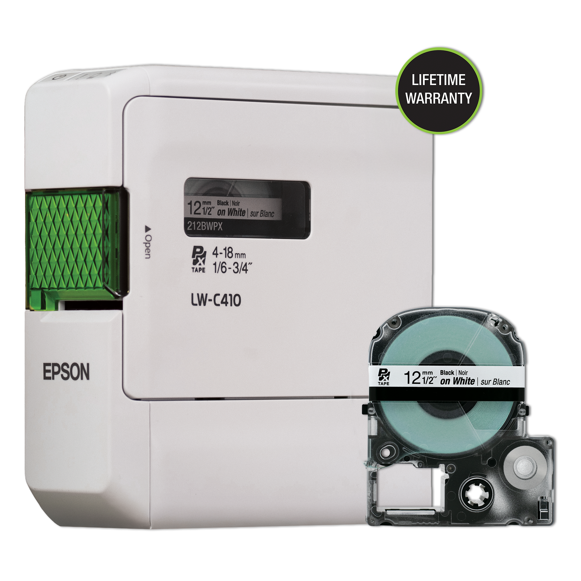 Epson LabelWorks LW-C410PX page image showing the compact white printer with a separate PX cassette; the casing reads LW-C410.