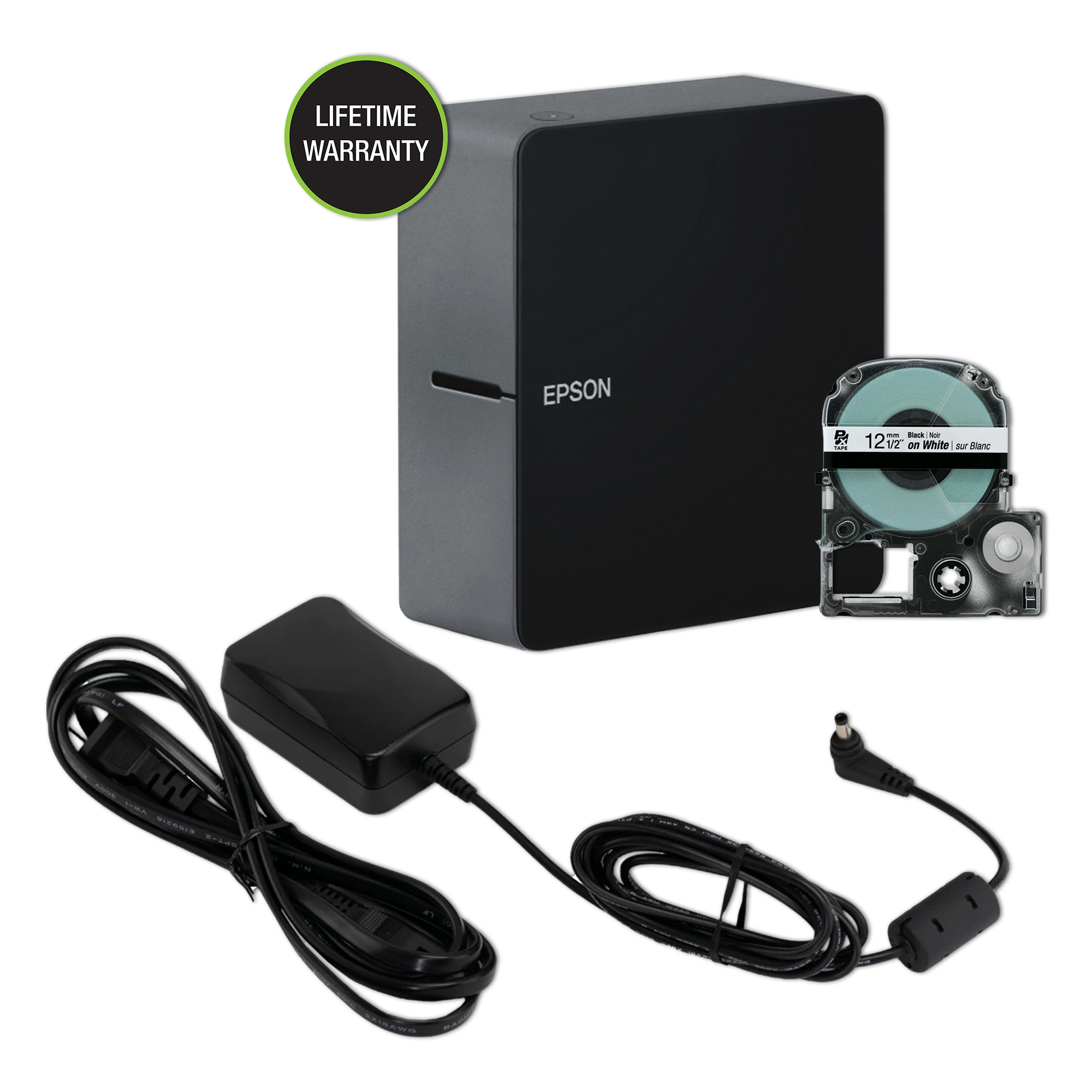 Black Epson LabelWorks LW-C610PX printer with 12 mm black-on-white PX cassette and AC adapter