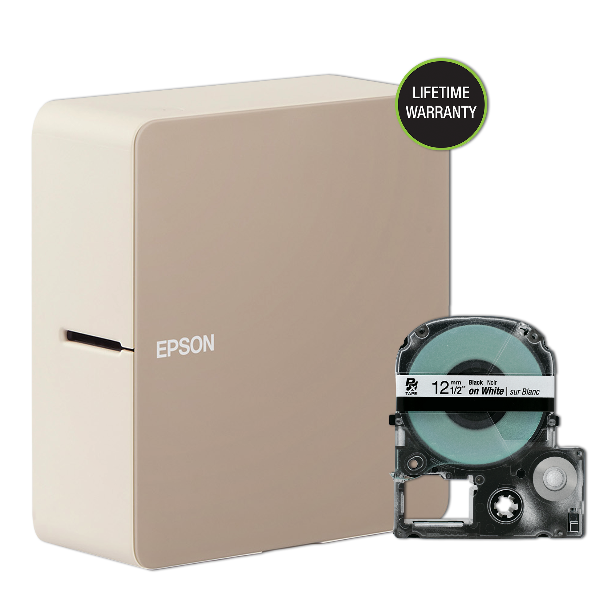 Epson LabelWorks LW-C610PX compact label printer beside a 12 mm PX cassette