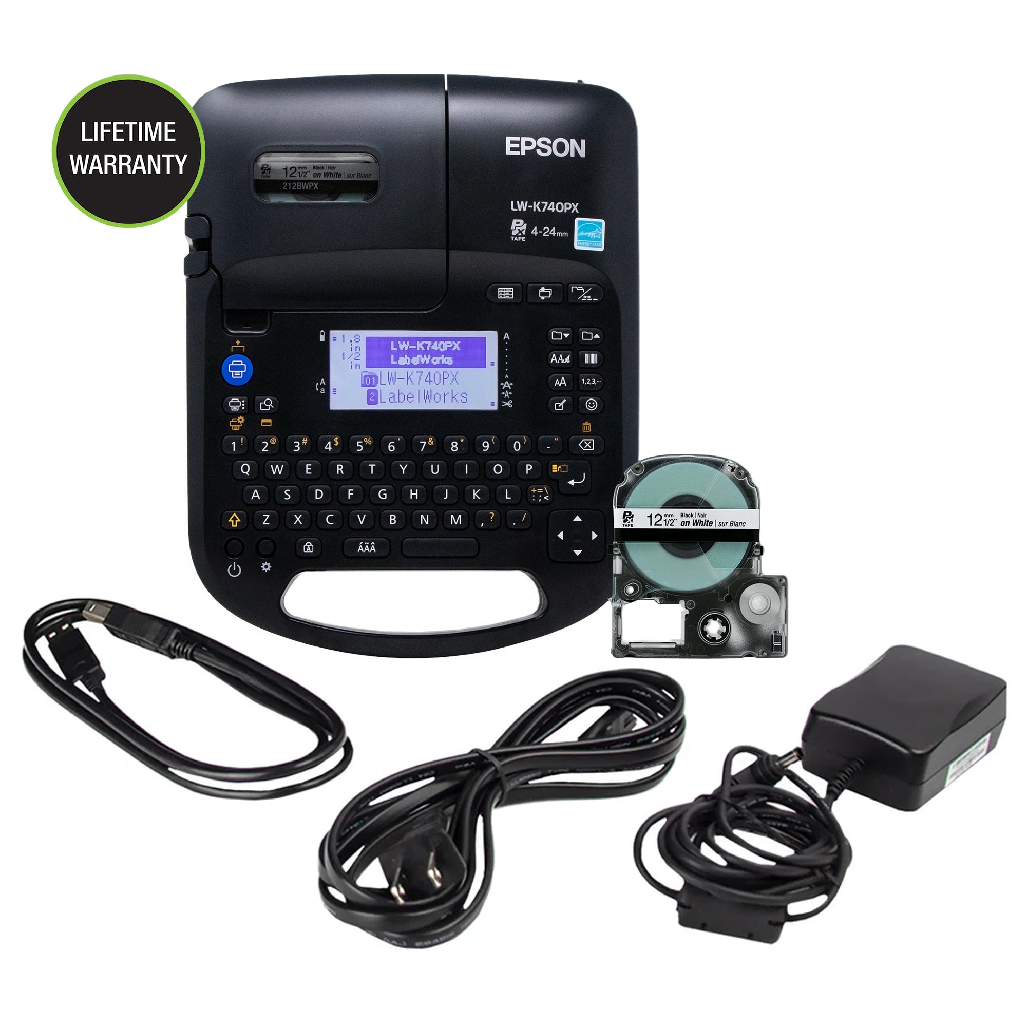 Epson LabelWorks LW-K740PX keyboard label printer with a PX cassette, USB cable and AC adapter