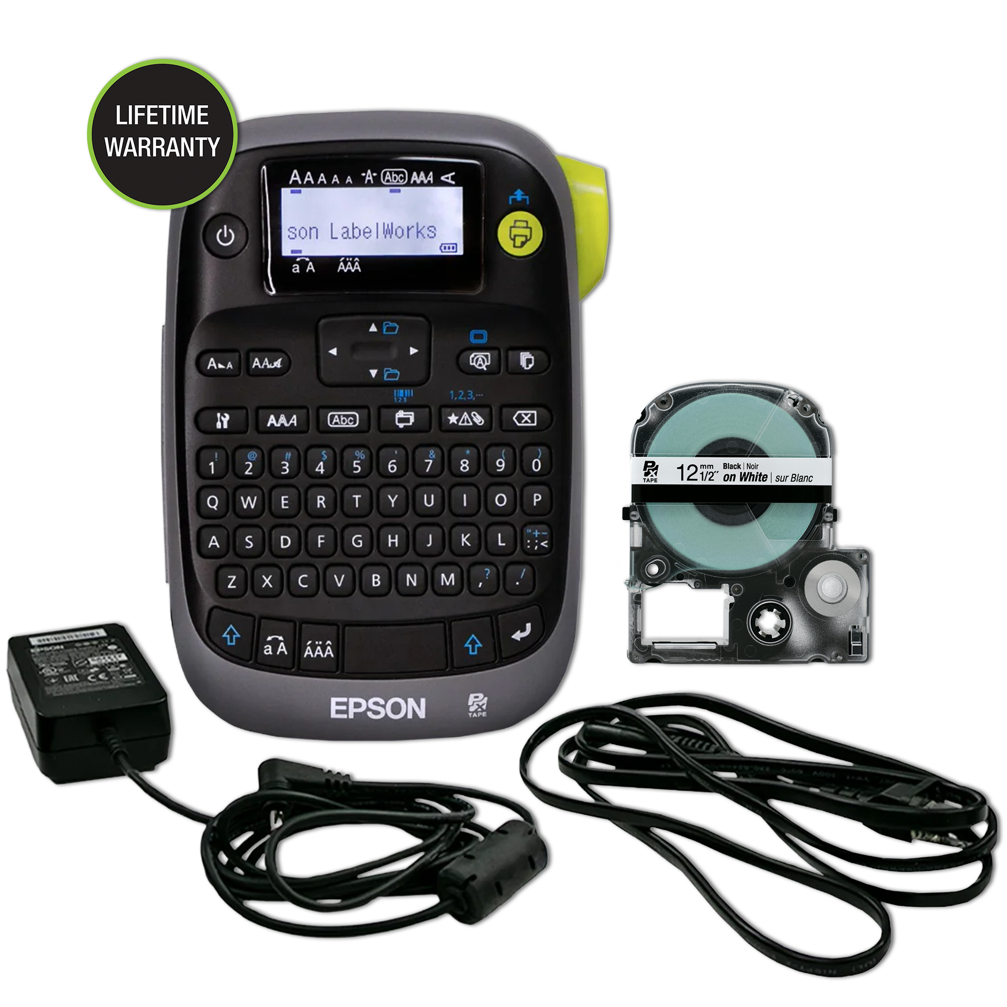 Epson LabelWorks LW-PX300ADPT label maker with the exact package items shown by the manufacturer