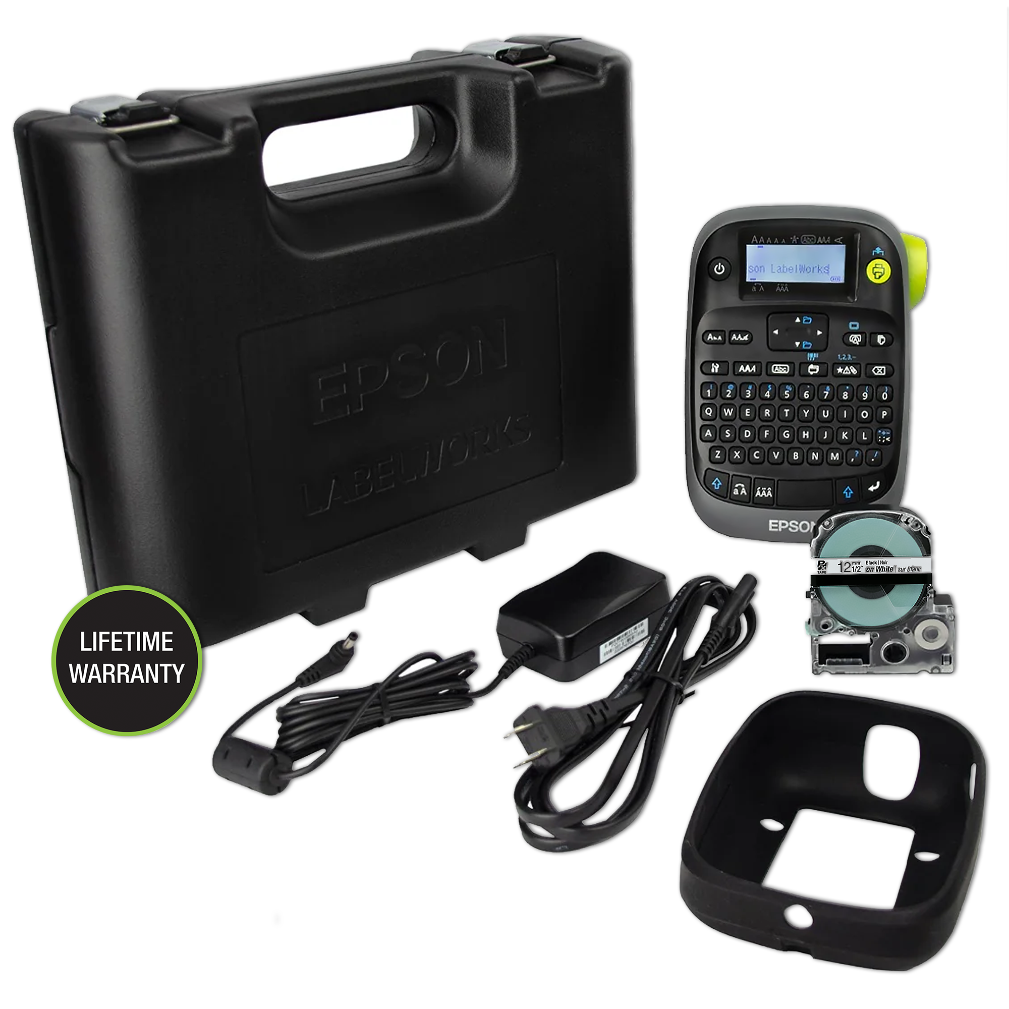 Epson LabelWorks LW-PX300VP label maker with the exact package items shown by the manufacturer