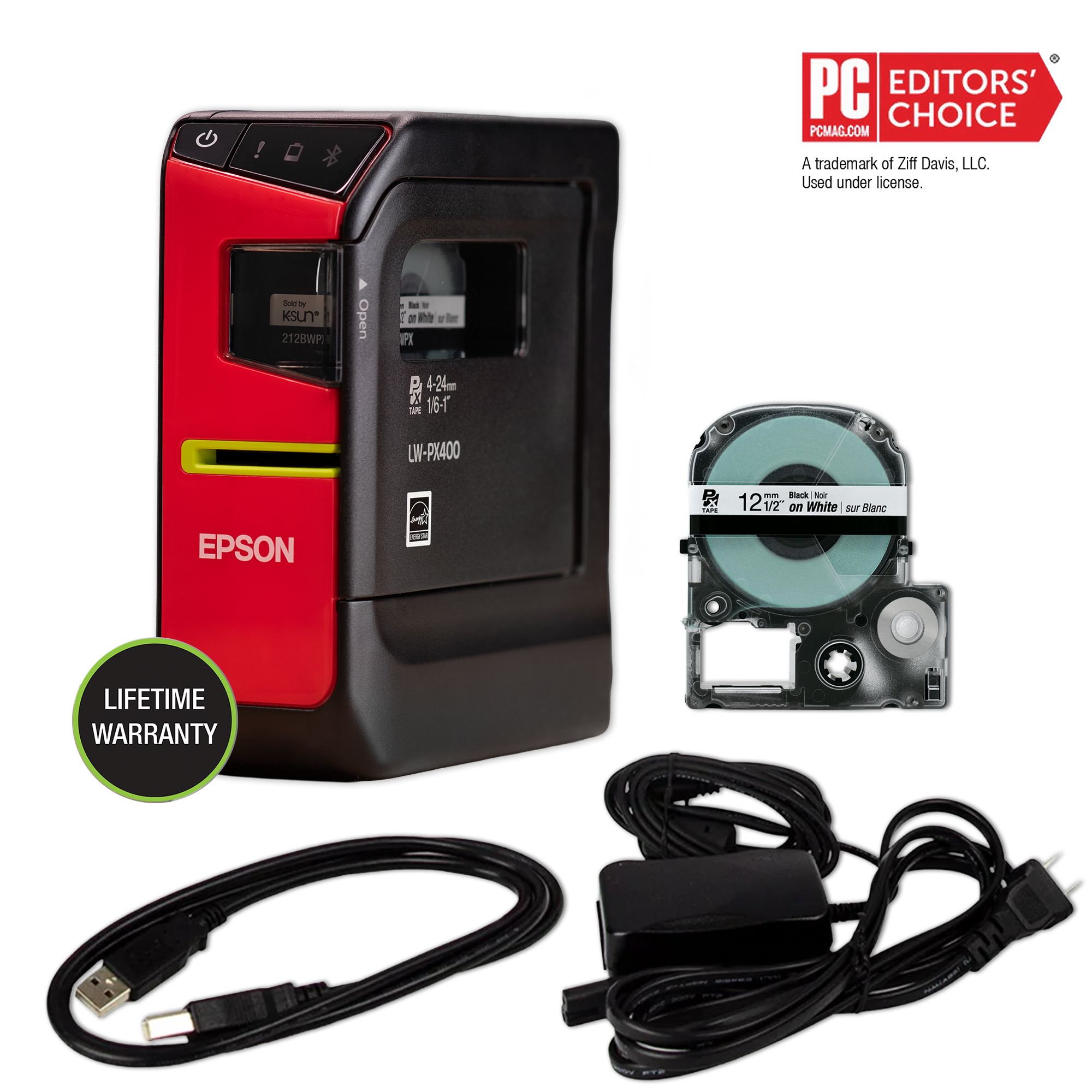 Epson LW-PX400 label printer with Epson PX cassette, USB cable and AC adapter