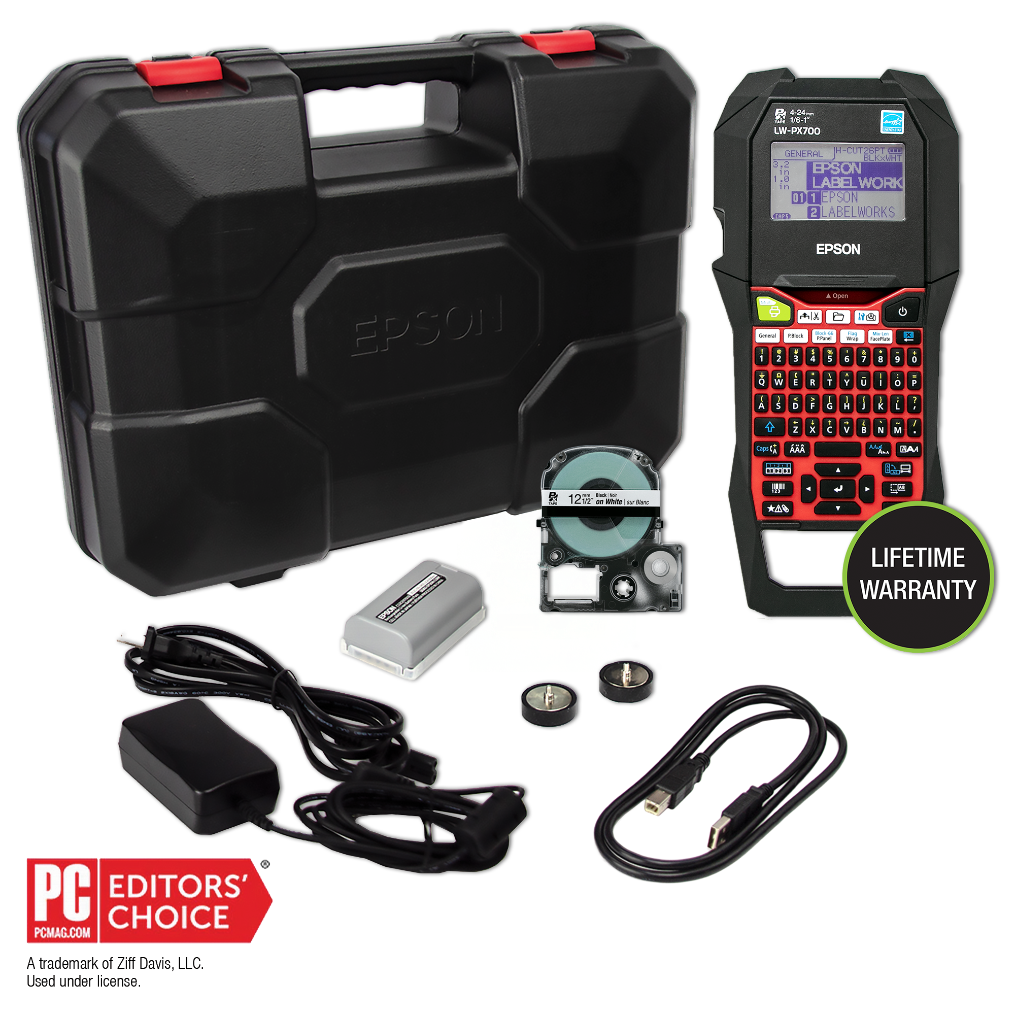 Epson LW-PX700PCD Deluxe Kit label printer with case, PX tape, rechargeable pack, adapter, USB cable and magnetic attachments