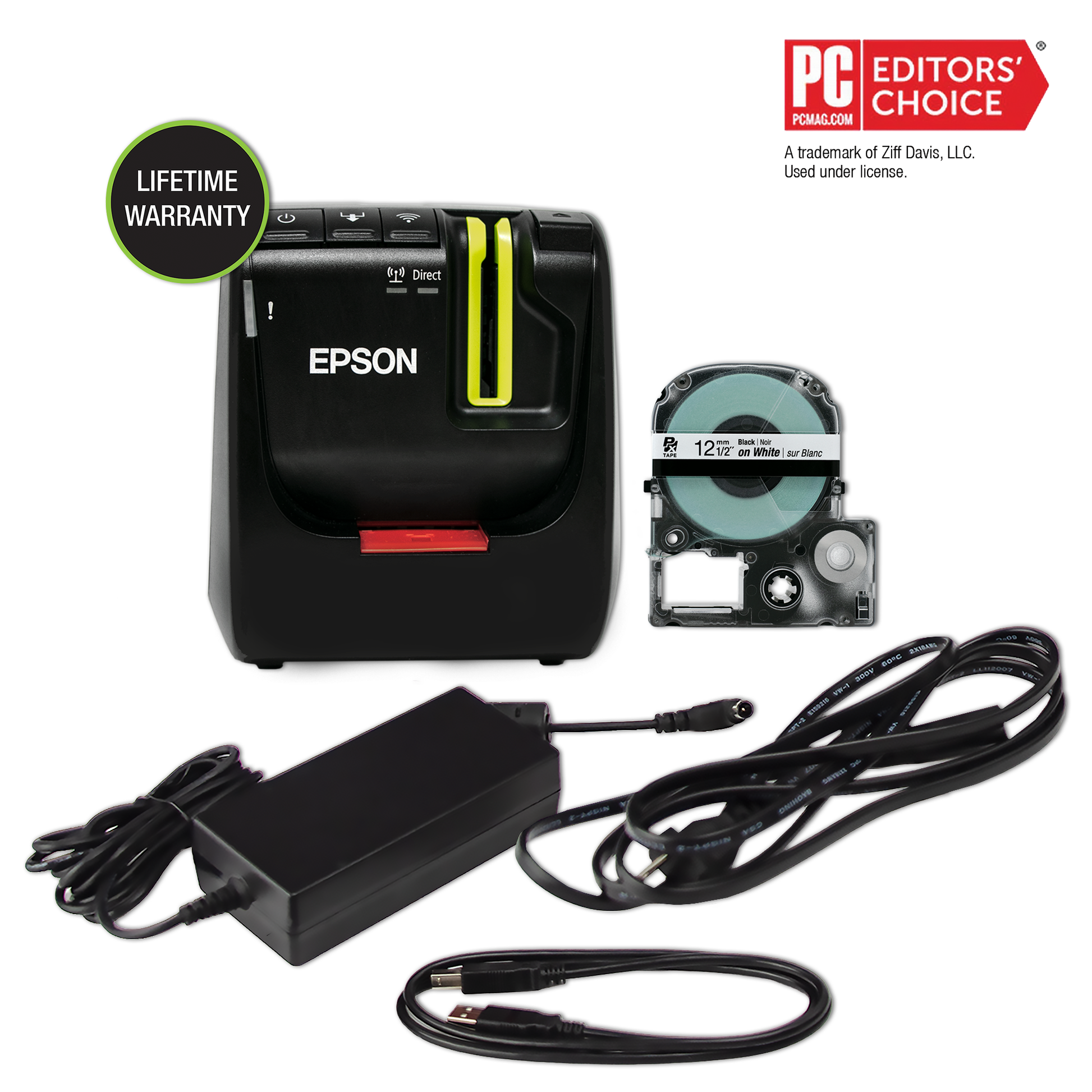 Epson LW-PX800 industrial label printer with a 12 mm PX tape cassette, AC adapter and USB cable