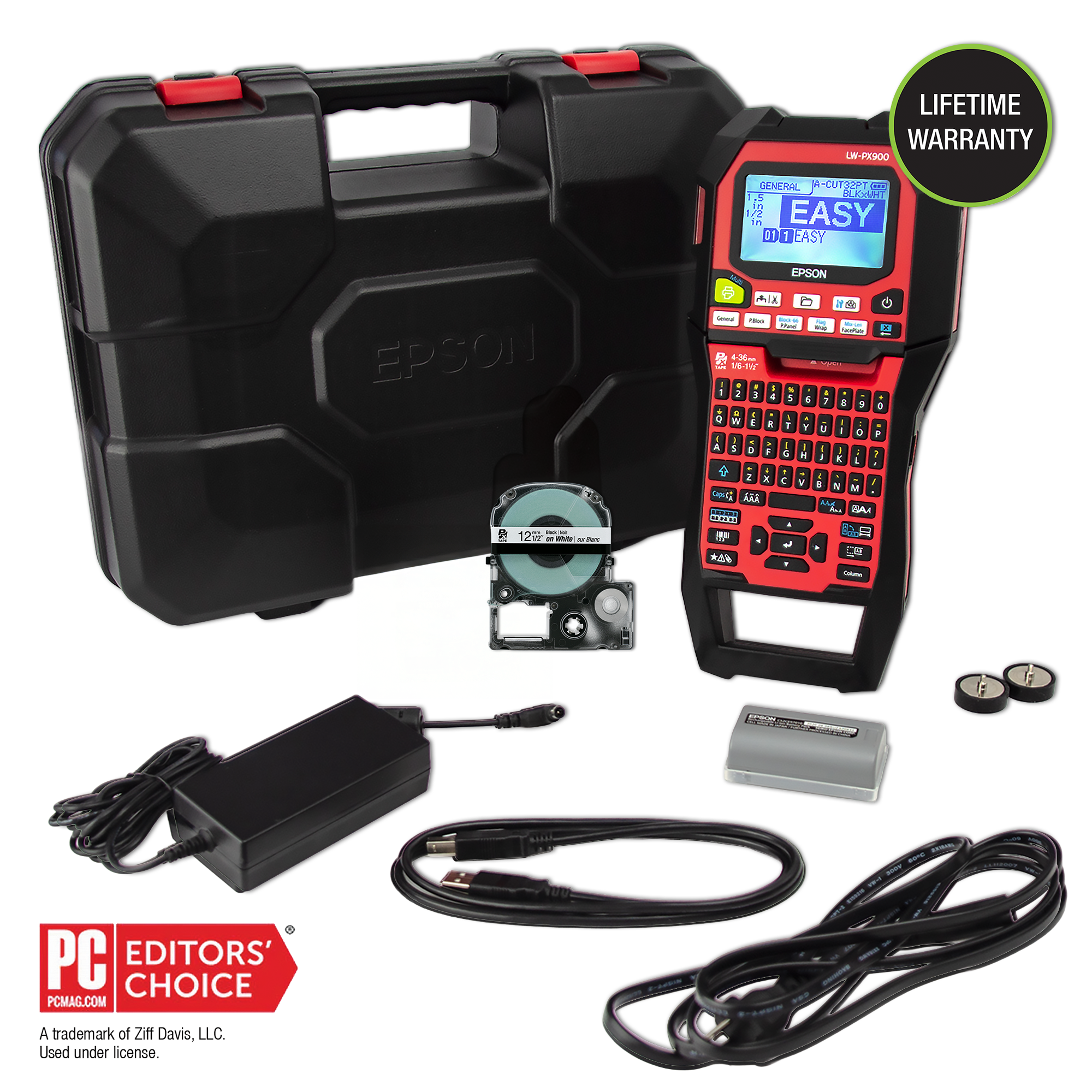 Epson LW-PX900 label printer with the PCD Deluxe Kit case and included accessories